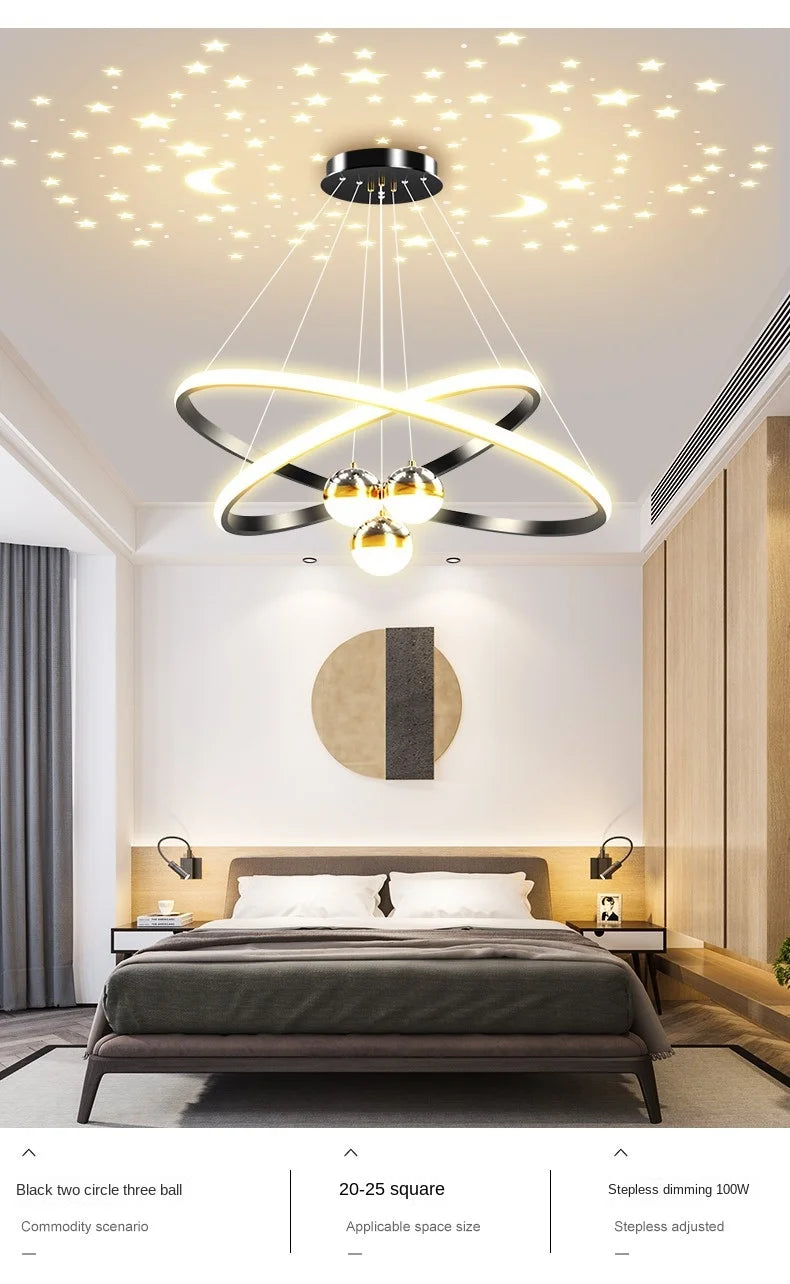Modern Living Room Ring Chandelier with Moon Stars Creative Black/Gold Ring Circle LED Chandelier Light for Bedroom Dining Room