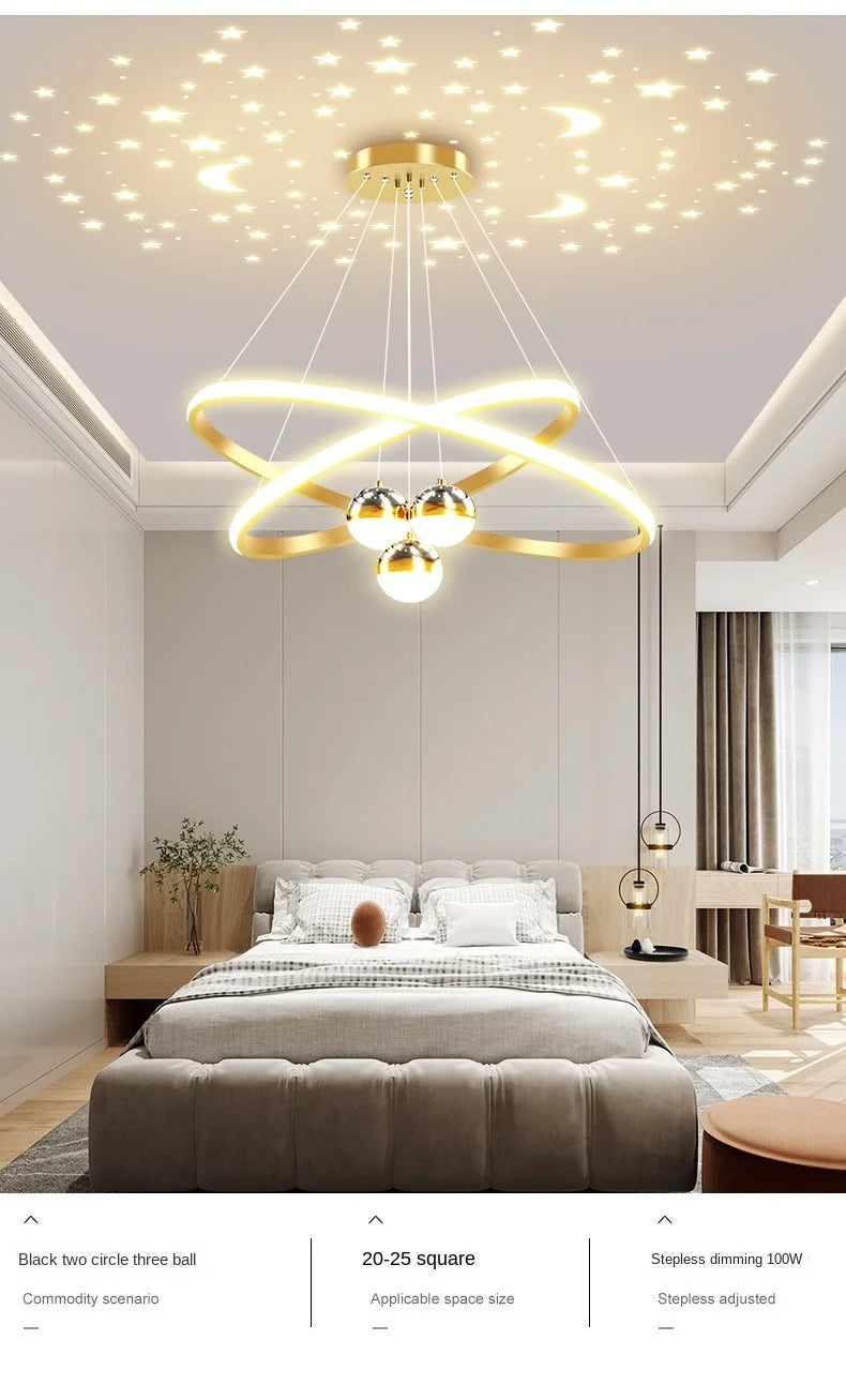 Modern Living Room Ring Chandelier with Moon Stars Creative Black/Gold Ring Circle LED Chandelier Light for Bedroom Dining Room