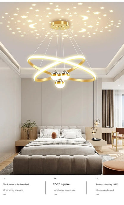 Modern Living Room Ring Chandelier with Moon Stars Creative Black/Gold Ring Circle LED Chandelier Light for Bedroom Dining Room