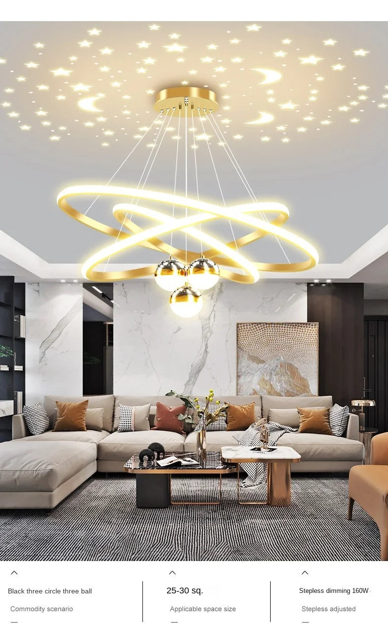 Modern Living Room Ring Chandelier with Moon Stars Creative Black/Gold Ring Circle LED Chandelier Light for Bedroom Dining Room