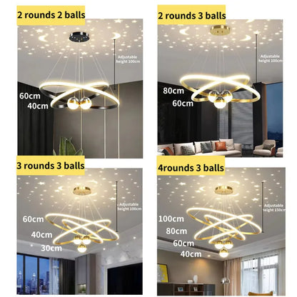 Modern Living Room Ring Chandelier with Moon Stars Creative Black/Gold Ring Circle LED Chandelier Light for Bedroom Dining Room