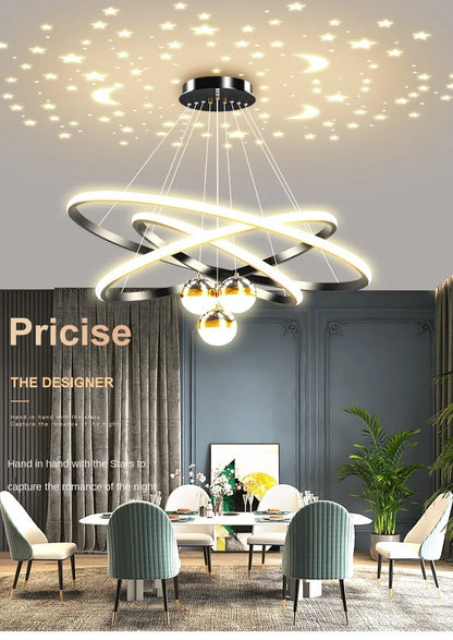 Modern Living Room Ring Chandelier with Moon Stars Creative Black/Gold Ring Circle LED Chandelier Light for Bedroom Dining Room