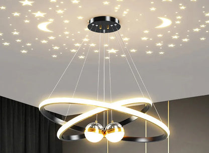 Modern Living Room Ring Chandelier with Moon Stars Creative Black/Gold Ring Circle LED Chandelier Light for Bedroom Dining Room