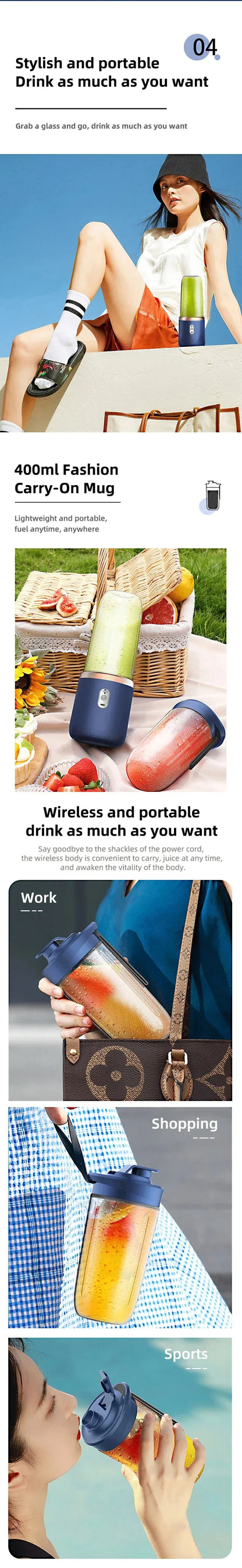 6 Color 400ml Portable USB Blender Electric Travel Juicer Cup For Smoothie Milkshake Kitchen Mini Mixer Tool
