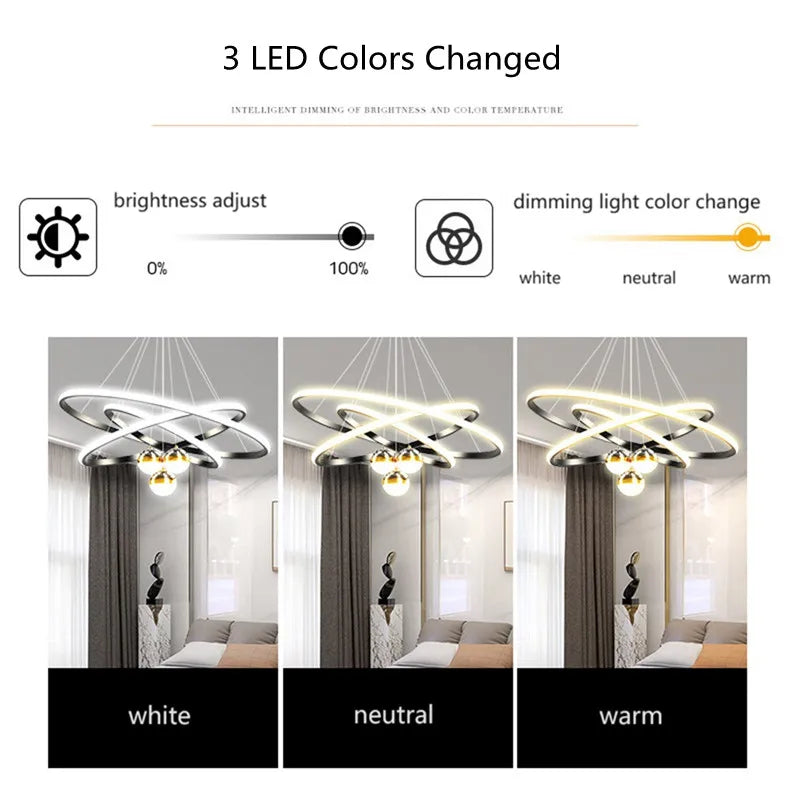 Modern Living Room Ring Chandelier with Moon Stars Creative Black/Gold Ring Circle LED Chandelier Light for Bedroom Dining Room