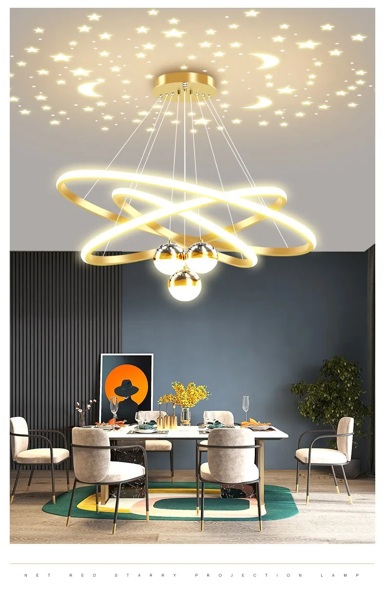 Modern Living Room Ring Chandelier with Moon Stars Creative Black/Gold Ring Circle LED Chandelier Light for Bedroom Dining Room