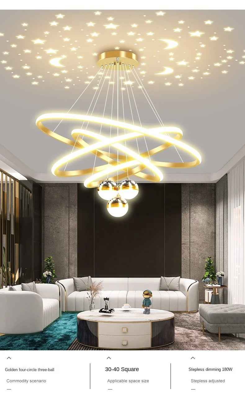 Modern Living Room Ring Chandelier with Moon Stars Creative Black/Gold Ring Circle LED Chandelier Light for Bedroom Dining Room
