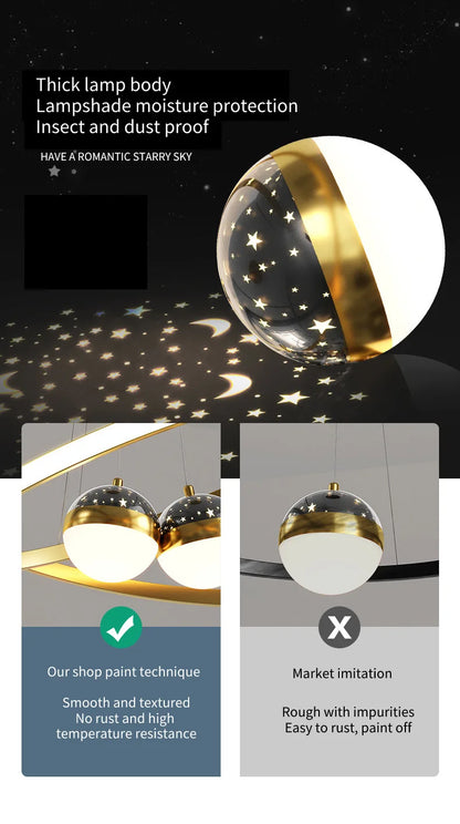 Modern Living Room Ring Chandelier with Moon Stars Creative Black/Gold Ring Circle LED Chandelier Light for Bedroom Dining Room