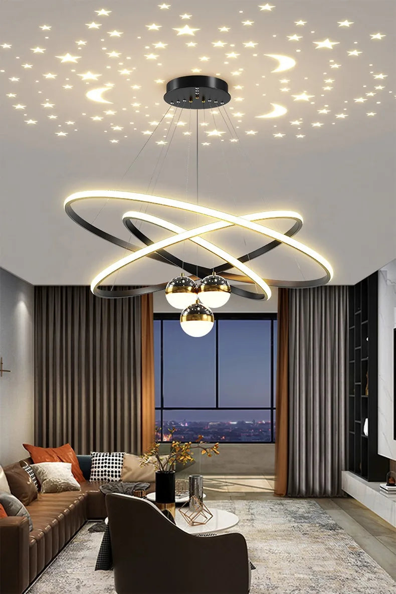 Modern Living Room Ring Chandelier with Moon Stars Creative Black/Gold Ring Circle LED Chandelier Light for Bedroom Dining Room