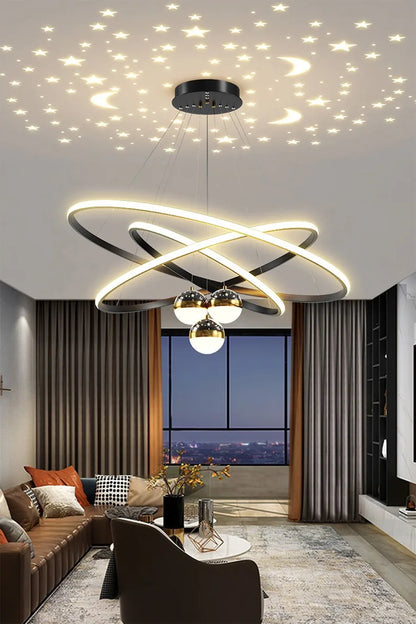 Modern Living Room Ring Chandelier with Moon Stars Creative Black/Gold Ring Circle LED Chandelier Light for Bedroom Dining Room