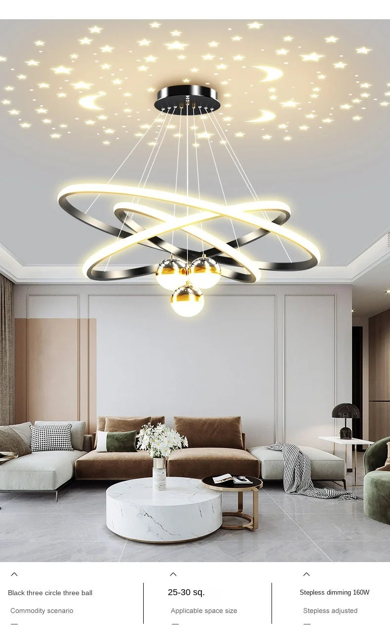 Modern Living Room Ring Chandelier with Moon Stars Creative Black/Gold Ring Circle LED Chandelier Light for Bedroom Dining Room