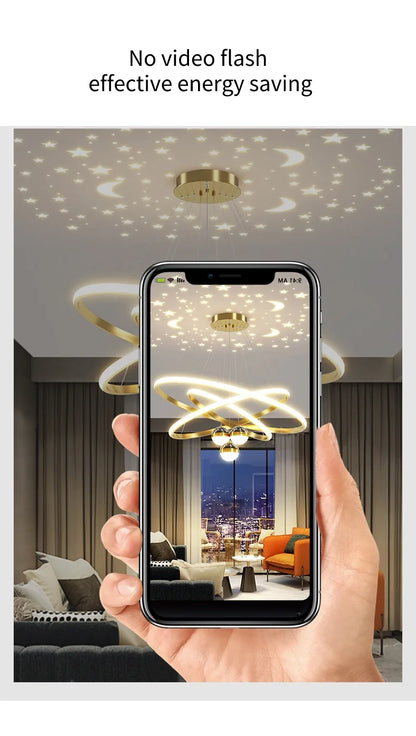 Modern Living Room Ring Chandelier with Moon Stars Creative Black/Gold Ring Circle LED Chandelier Light for Bedroom Dining Room