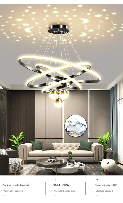 Modern Living Room Ring Chandelier with Moon Stars Creative Black/Gold Ring Circle LED Chandelier Light for Bedroom Dining Room